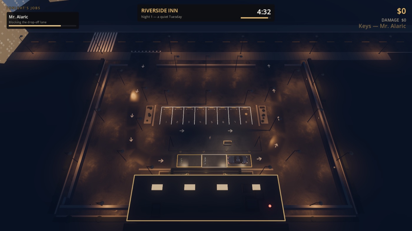 Overhead view of the Riverside Inn at night: eight marked bays, a drop-off lane, street lamps throwing pools of light on wet asphalt