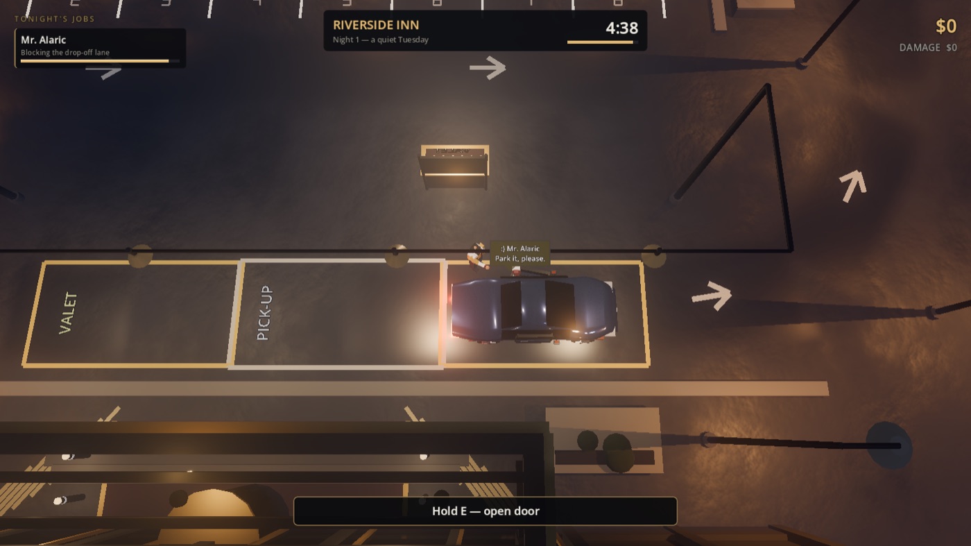 A guest stands beside a dark saloon in the drop-off lane saying 'Park it, please', with a HOLD E — OPEN DOOR prompt across the bottom of the screen