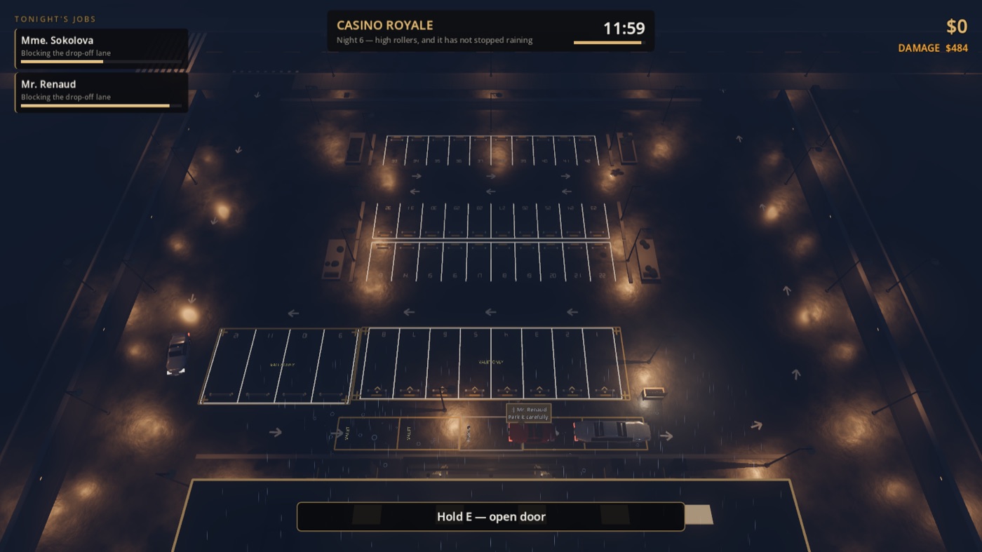 Casino Royale at night in the rain, seen from above: three rows of numbered bays, dozens of lamp pools on wet tarmac, a damage counter reading $484