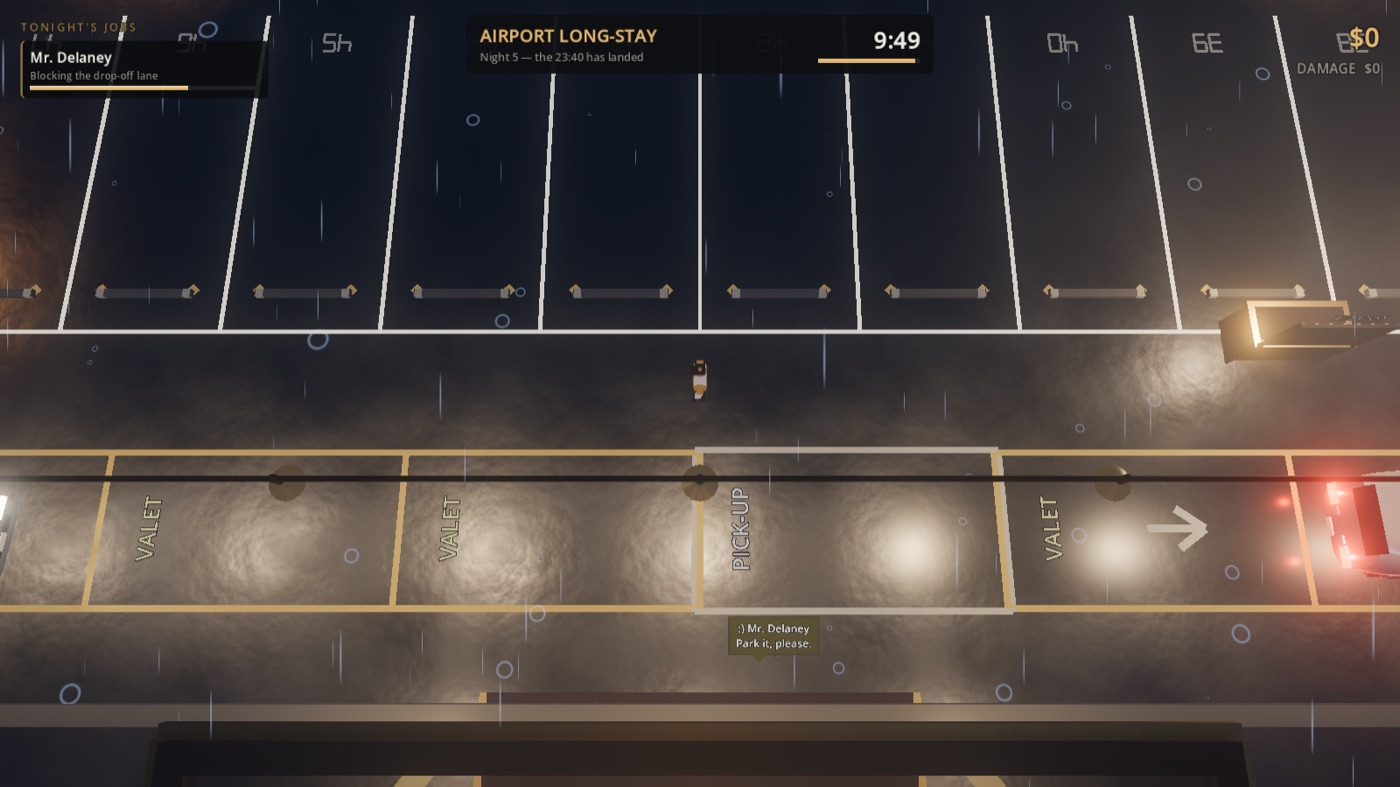 Airport long-stay in the rain: rows of angled bays, rain streaks, and a guest asking for a car to be parked